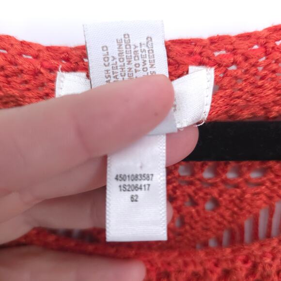 CHICOS Boho Orange Open Lace Knit Art Deco Sweater Cropped Sleeves 2 (12/14) - Picture 7 of 13